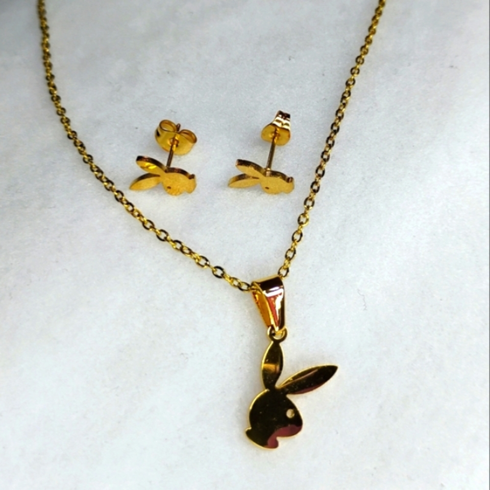 Gold Bunny Pendant Necklace and Earrings Set